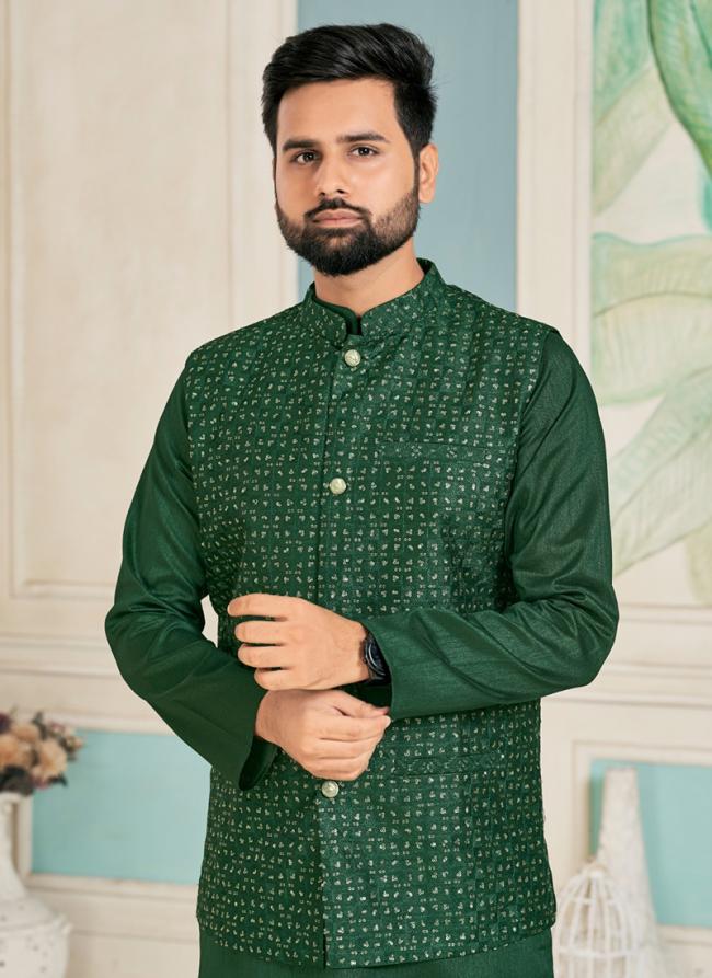 Banglori Silk Green Wedding Wear Embroidery Work Readymade Kurta Pant With Koti